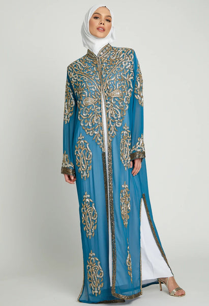 blue & gold embellished abaya