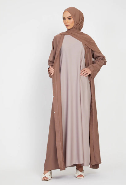 layered taupe abaya and mink inner dress