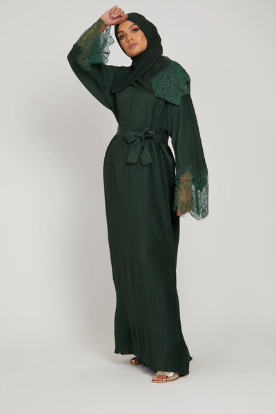 dark green abaya with lace cuff sleeves