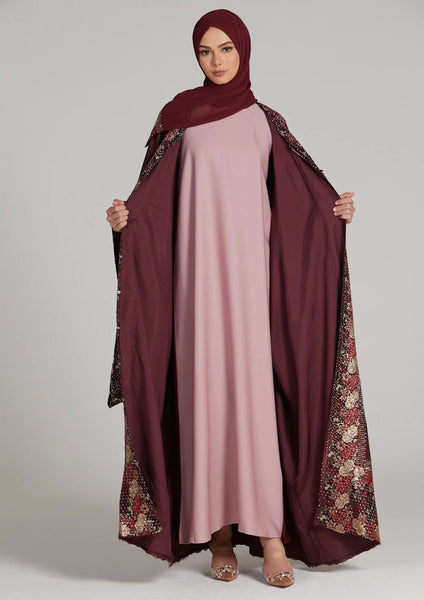 Dark red abaya with rosy pink inner slip & hijab