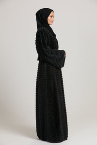 Four Piece Faux Fur Abaya Coat Set - Black