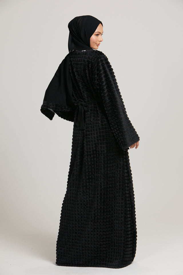 Four Piece Faux Fur Abaya Coat Set - Black