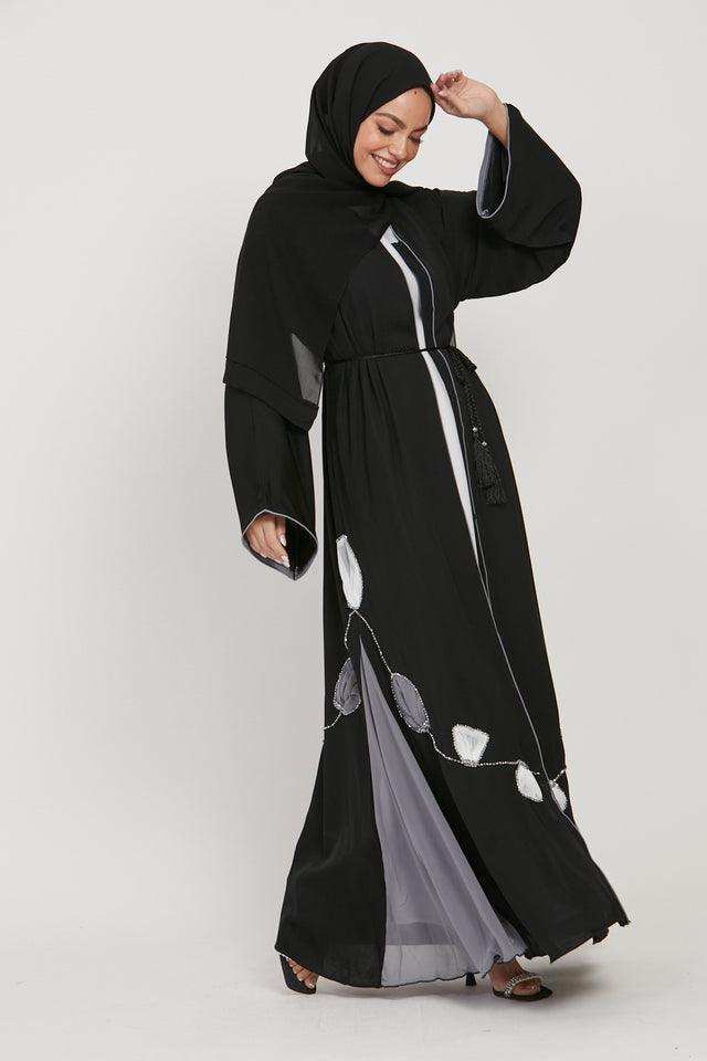 Black Open Abaya with Chiffon Panels and Floral Detail