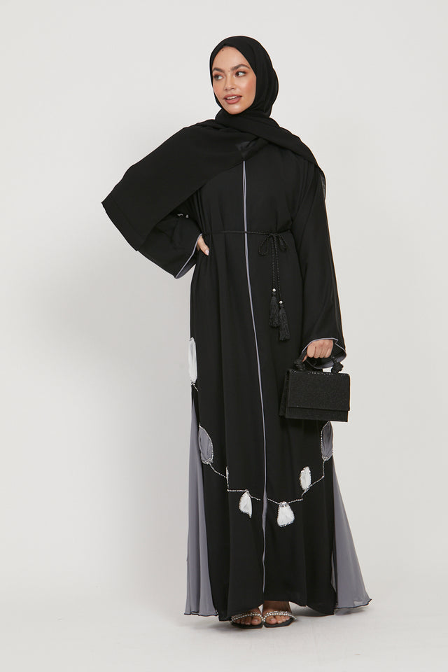 Black Open Abaya with Chiffon Panels and Floral Detail