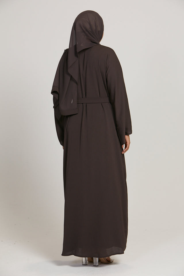 Plus Size Premium Textured Open Abaya - Dark Brown