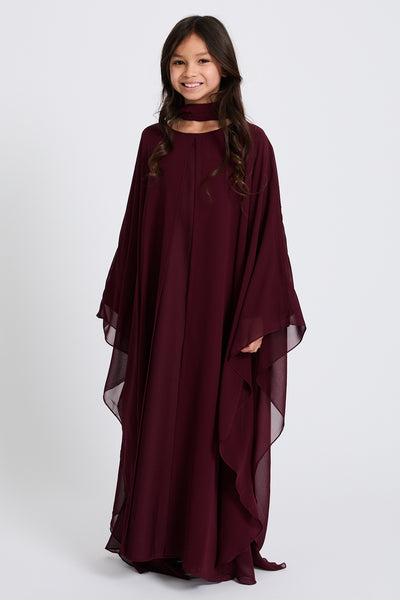 Embroidered Chiffon Overlay Butterfly Cut Closed Abaya – Royal Mulberry