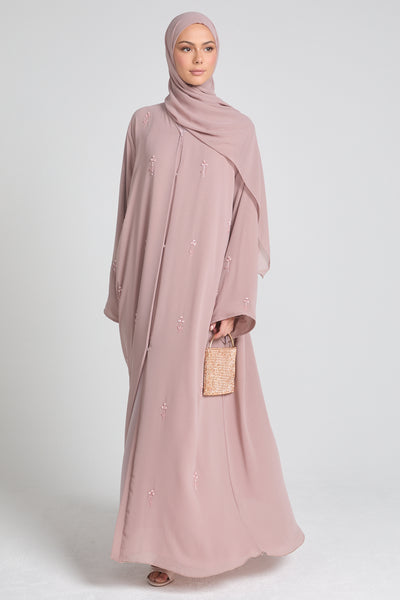Dusky Petal Embellished Chiffon Open Abaya - Mahogany Rouge