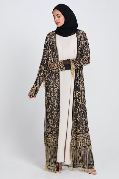 Luxury Starlit Bloom Embellished Open Abaya - Gold main image 1