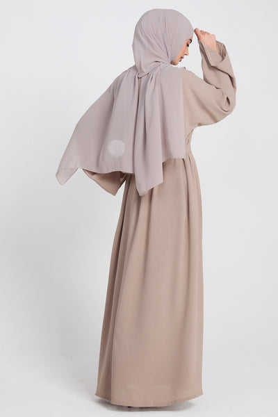 *Best Seller* Linen Blend Open Butterfly Abaya Set with Stunning Handmade Embroidery (Nude Beige)