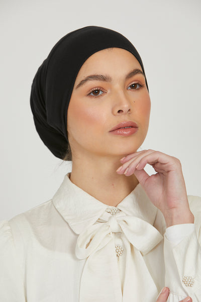 2 Pezzi Sotto Sciarpa Hijab Cap Islamico Con Chiusura A Cravatta - Nero E Grigio Scuro, Morbido Jersey Elasticizzato, 20,8x7,8 Cm