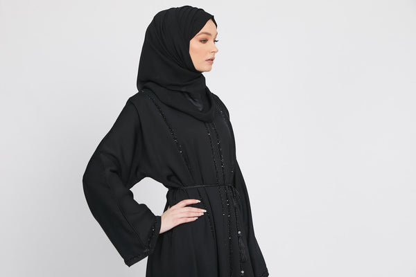 Muslim Contrast Piping at Sleeve Casual Abaya Black