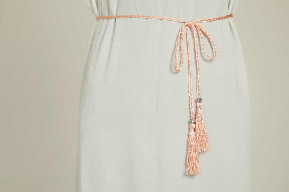 Powder Pink Slim Plaited Rope Tassel Belt