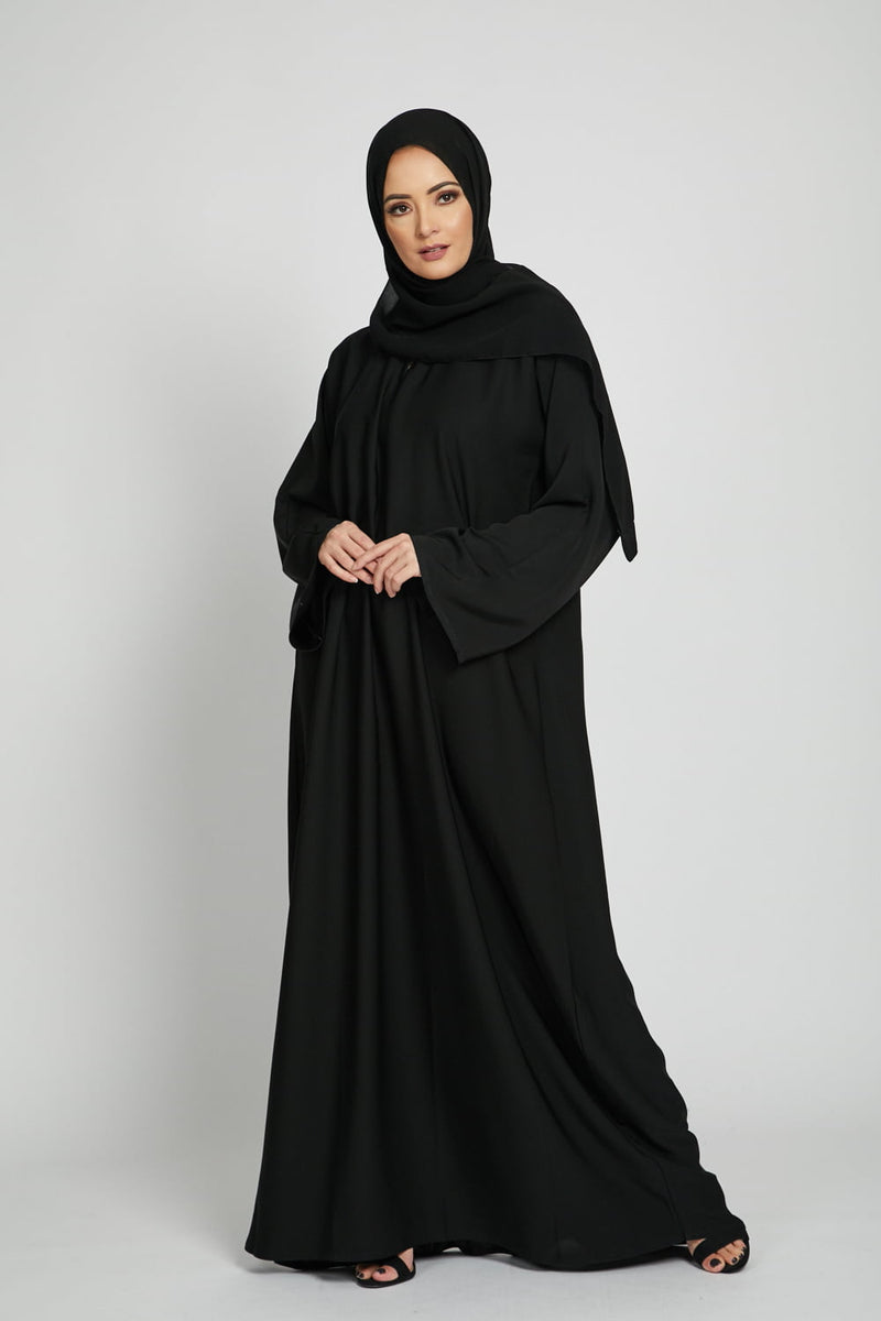 Black Abaya: Plain Black Abaya With Wide Sleeves & Hijab