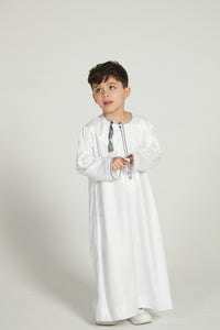 Junior Boys Premium Omani Thobe - White With Olive Grey Embroidery