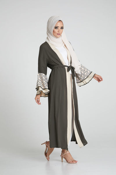 dark grey kimono with long, flared sleeves