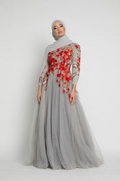 grey modest dress with red floral detailing