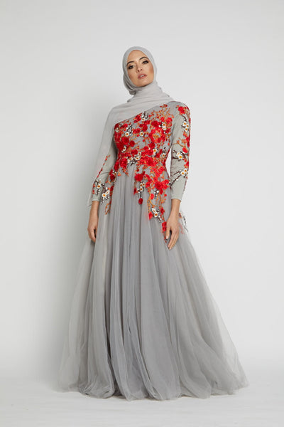 grey modest dress with red floral detailing