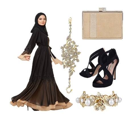 black modest dress and accessories