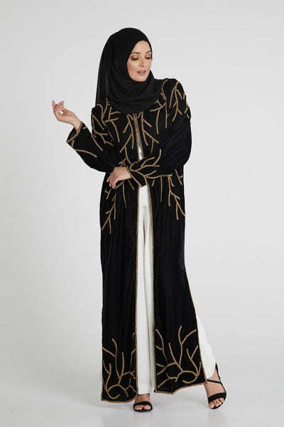 black open abaya with bold detailing