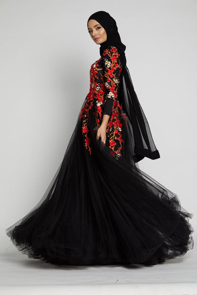 red floral and black modest dress