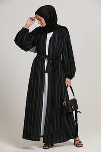 Black Textured Frayed Open Abaya