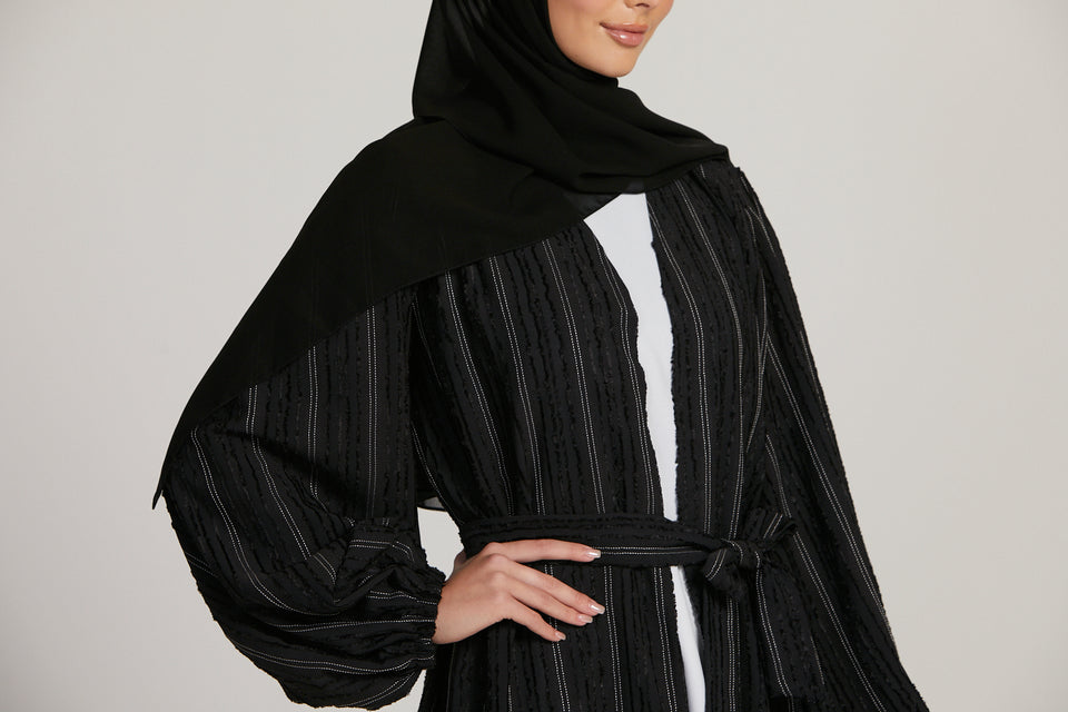 Black Textured Frayed Open Abaya