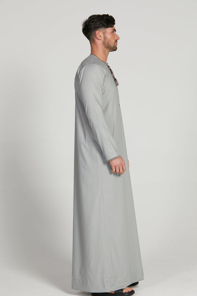 Junior Boys Premium Omani Thobe - Light Grey with Mauve Embroidery
