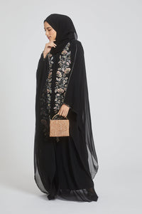 Premium Black Embellished Chiffon Open Farasha with Hood - Biloba