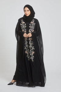 Premium Black Embellished Chiffon Open Farasha with Hood - Biloba