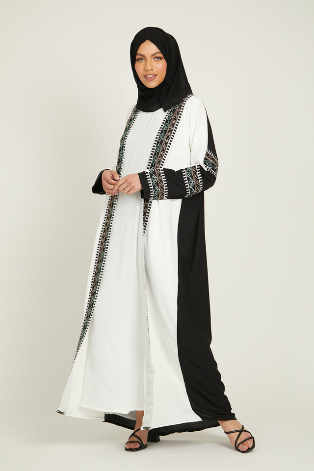 Four Piece Aztec Embroidered Open Abaya - Black And White