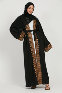 Four Piece Classic Black Embroidered Open Abaya Set