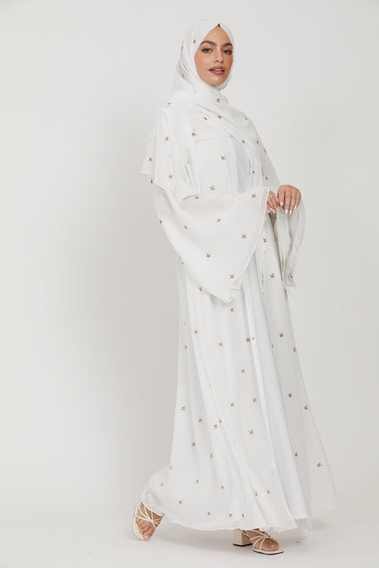 Chiffon Open Abaya with Dainty Motif Embroidery - White