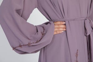 Chiffon Open Abaya with Embellished Balloon Sleeves - Dusty Mauve