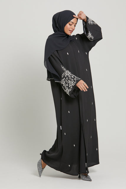 Premium Textured Embellished Open Abaya - Evening Hush