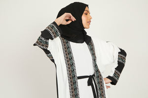 Four Piece Aztec Embroidered Open Abaya - Black And White