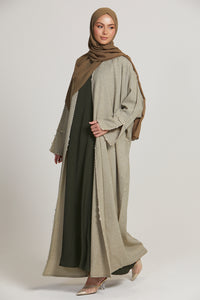 Luxury Three Piece Open Abaya with Dainty Detailing - Olive