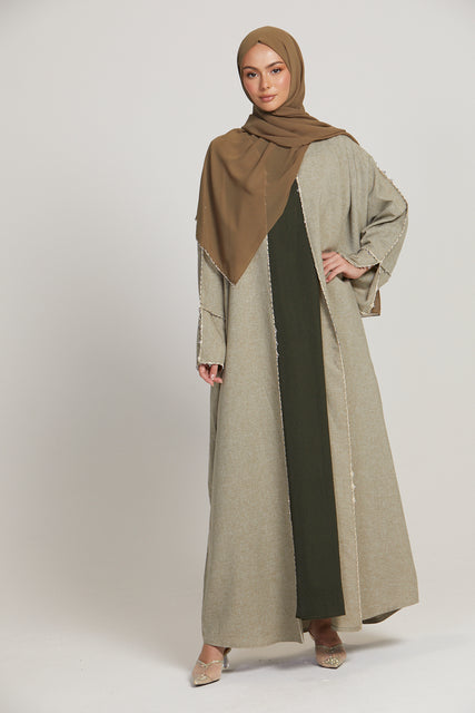 Luxury Three Piece Open Abaya with Dainty Detailing - Olive