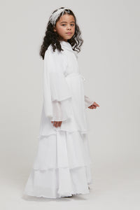 Junior Girls Chiffon Layered Open Abaya - White