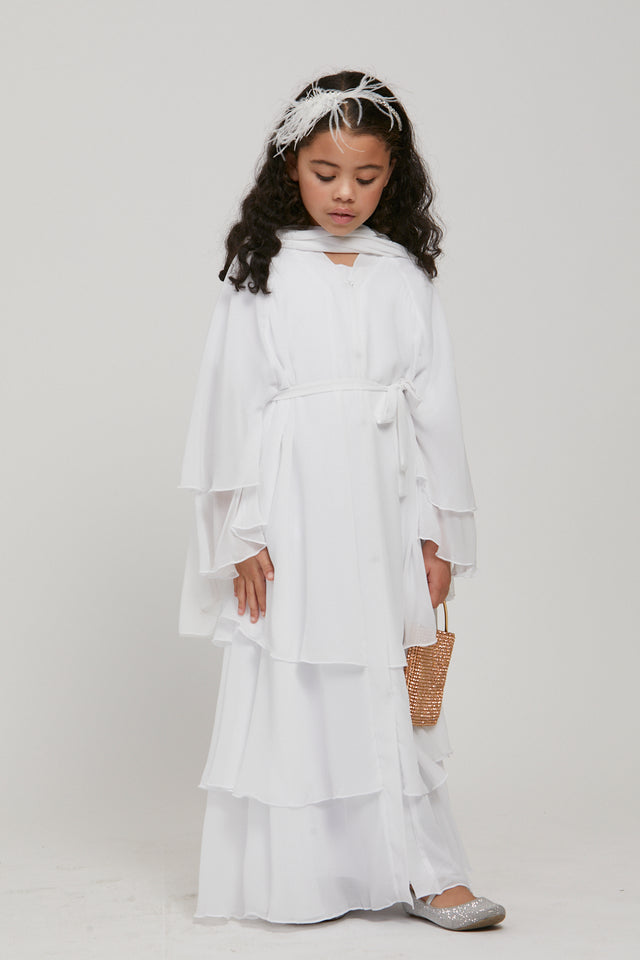 Junior Girls Chiffon Layered Open Abaya - White