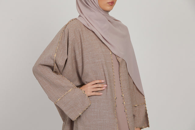 Premium Nude Latte Open Abaya with Dainty Detailing