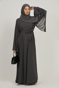 Linen Closed Abaya with Pockets- Dark Grey
