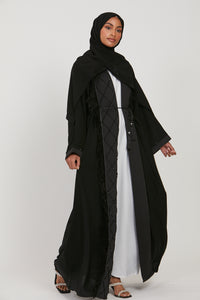 Embellished Panel Open Abaya with Feather Detailing - Black