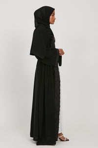 Embellished Panel Open Abaya with Feather Detailing - Black