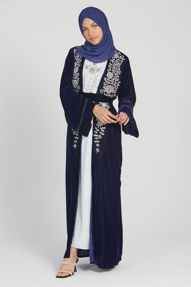 Luxury Four Piece Deep Navy Velvet Embellished Open Abaya