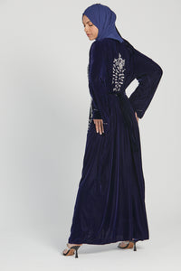 Luxury Four Piece Deep Navy Velvet Embellished Open Abaya