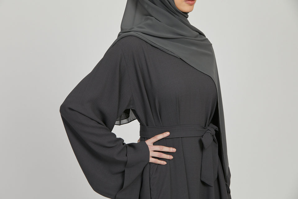 Linen Closed Abaya with Pockets- Dark Grey