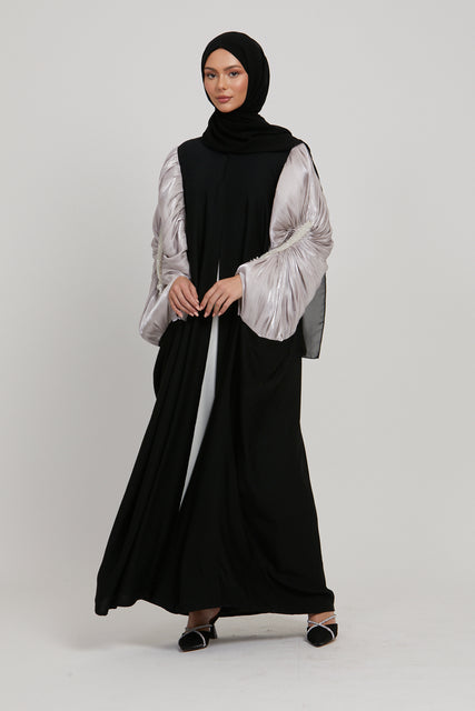 Luxury Embellished Twilight Black Cape with Pleated Organza - Orchid Ice