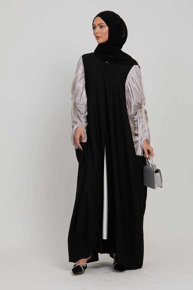 Luxury Embellished Twilight Black Cape with Pleated Organza - Orchid Ice