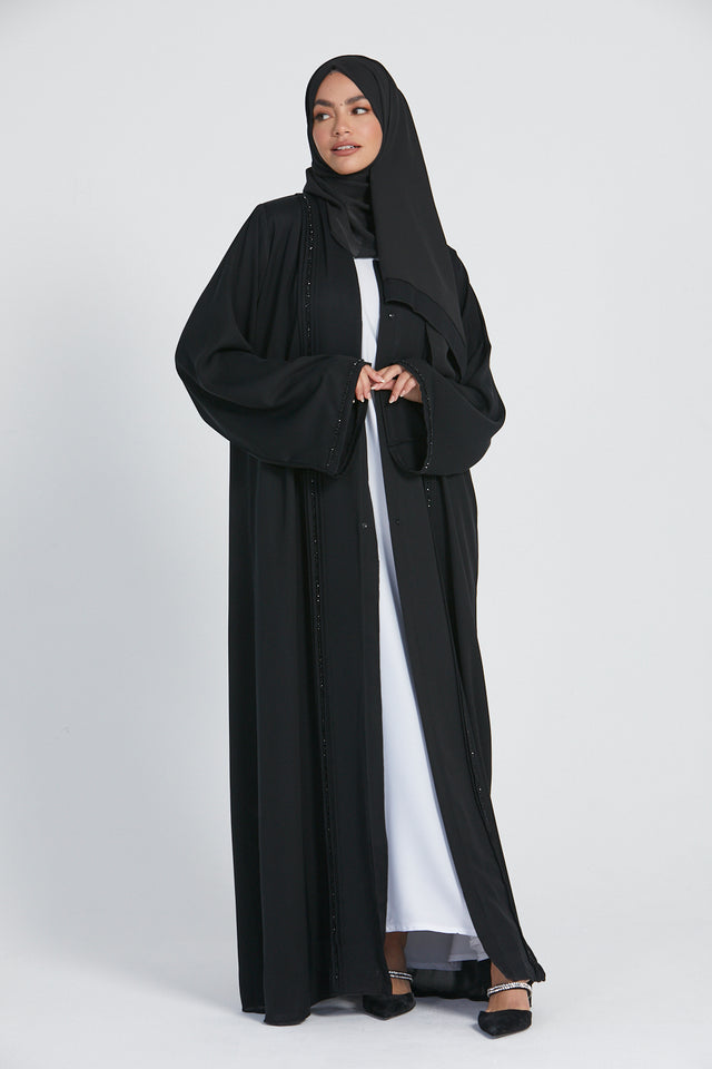 Black Open Abaya with Pleated Dainty Embellishments