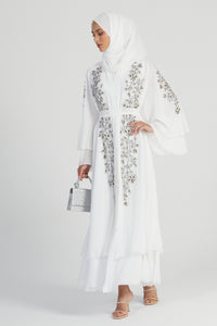 Luxury Bridal White Embellished Layered Open Abaya